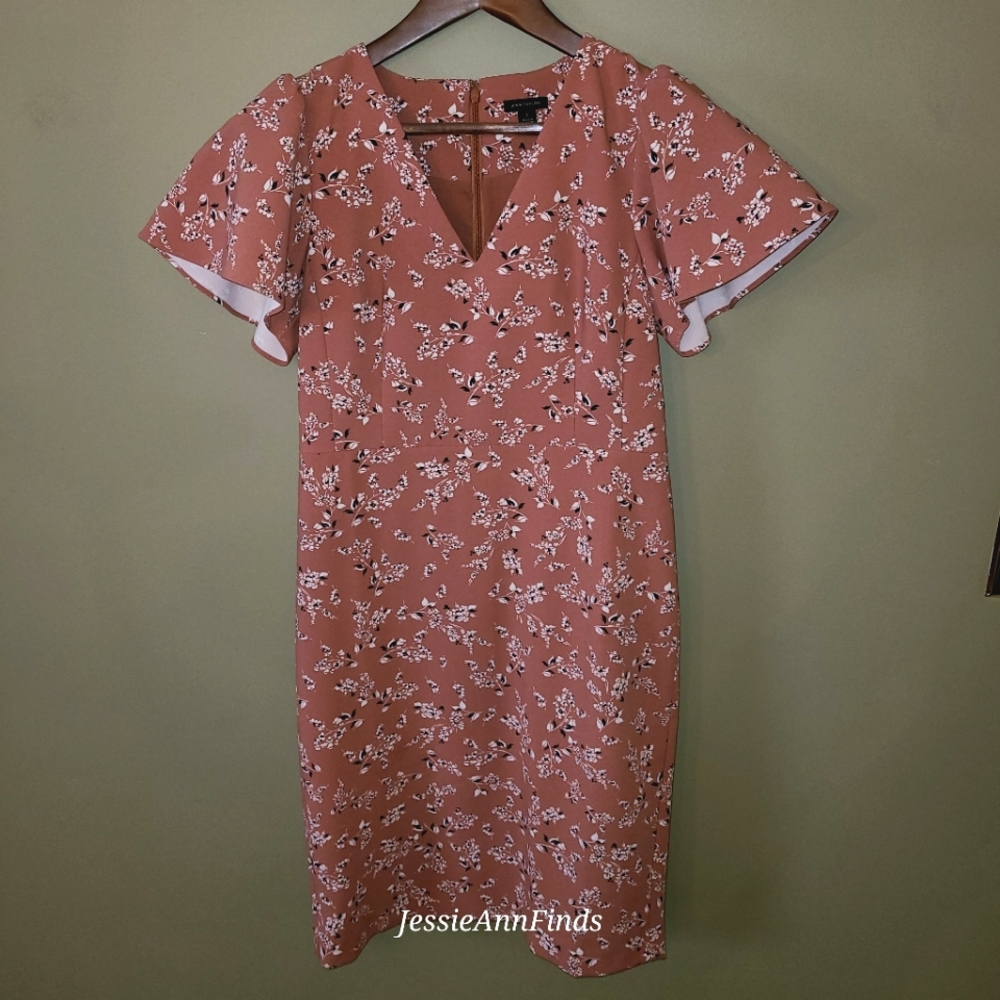 Ann Taylor Brown Floral V-neckline Short Flutter Sleeve Midi Sheath Dress Size 2